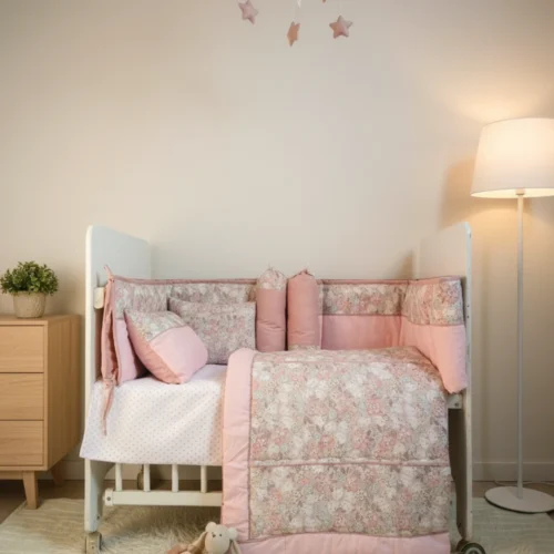 Pink Bloom cot set - mockup Pink Bloom - Cot Bedding Set | Cotton | 6 pieces