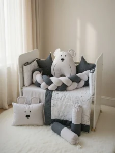 Bear Hugs Braided Cot Bedding Set - Pure cotton | 11 piece | Grey & White