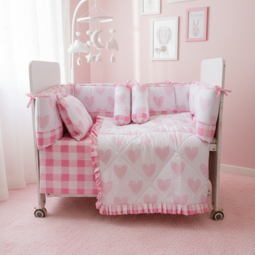 Pink Hearts - Cot Bedding Set | Cotton | 6 pieces