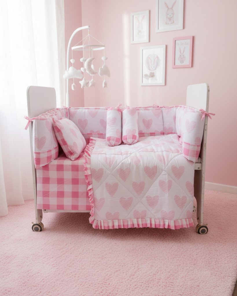 Pink Hearts - Cot Bedding Set | Cotton | 6 pieces