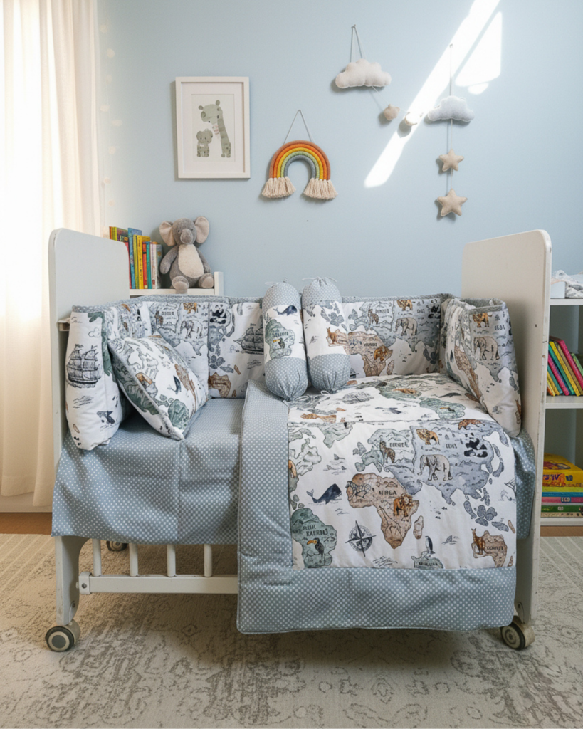 World Map - Cot Bedding Set | Cotton | 6 pieces
