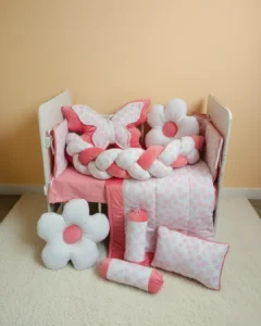 Flora Fairy Braided Cot Bedding Set - Velvet & Cotton | 11 piece | Pink & White