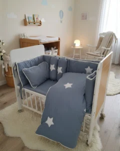 Nordic Star Baby Cot Bedding Set - Pure cotton | 6 piece | Navy Blue & White Applique Stars
